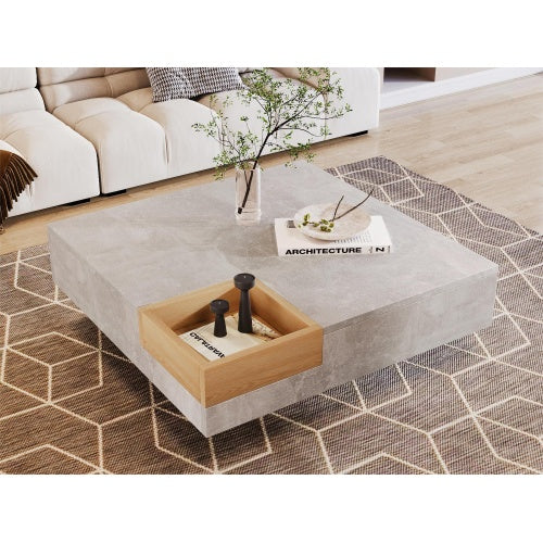 UK Local Coffee Table, Living Room Table, Side Table With Removable Storage Box, Concrete Gray And Wood Color, 72x72x30 Cm