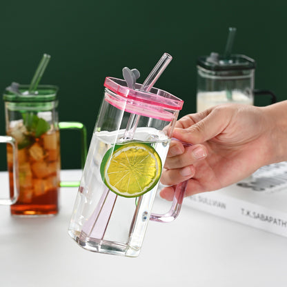 US Local 1 Pcs Green Glass Straw Cup, 6 Colors Square Glass Cup With Straw And Lid, High Borosilicate Glass Cup, Milk Cup, Juice Cup, Cold Drink Cup, Coffee Cup, Tea Cup, Office Cup, Gift Cup