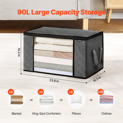 US Local 90L Large Storage Bags, 6 Pack Clothes Storage Bin, Foldable Closet Organizers Containers With Handle, Nov-woven Fabric Storage Bag For Clothing, Blanket, Comforter, Bed Sheet, Pillow Grey