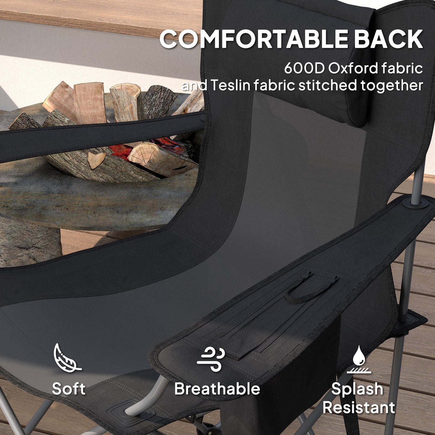 US Local Folding Rocking Camping Chairs, Portable Chairs With Headrest, Cooler Bag, Cup Holder, Carry Bag, 2 Pack, Black