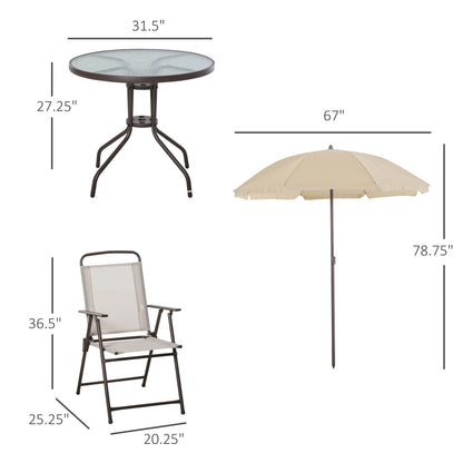 US Local 6-Piece Patio Dining Set With Umbrella, Folding Chairs & Glass Table, Beige - Outdoor Meal Setup