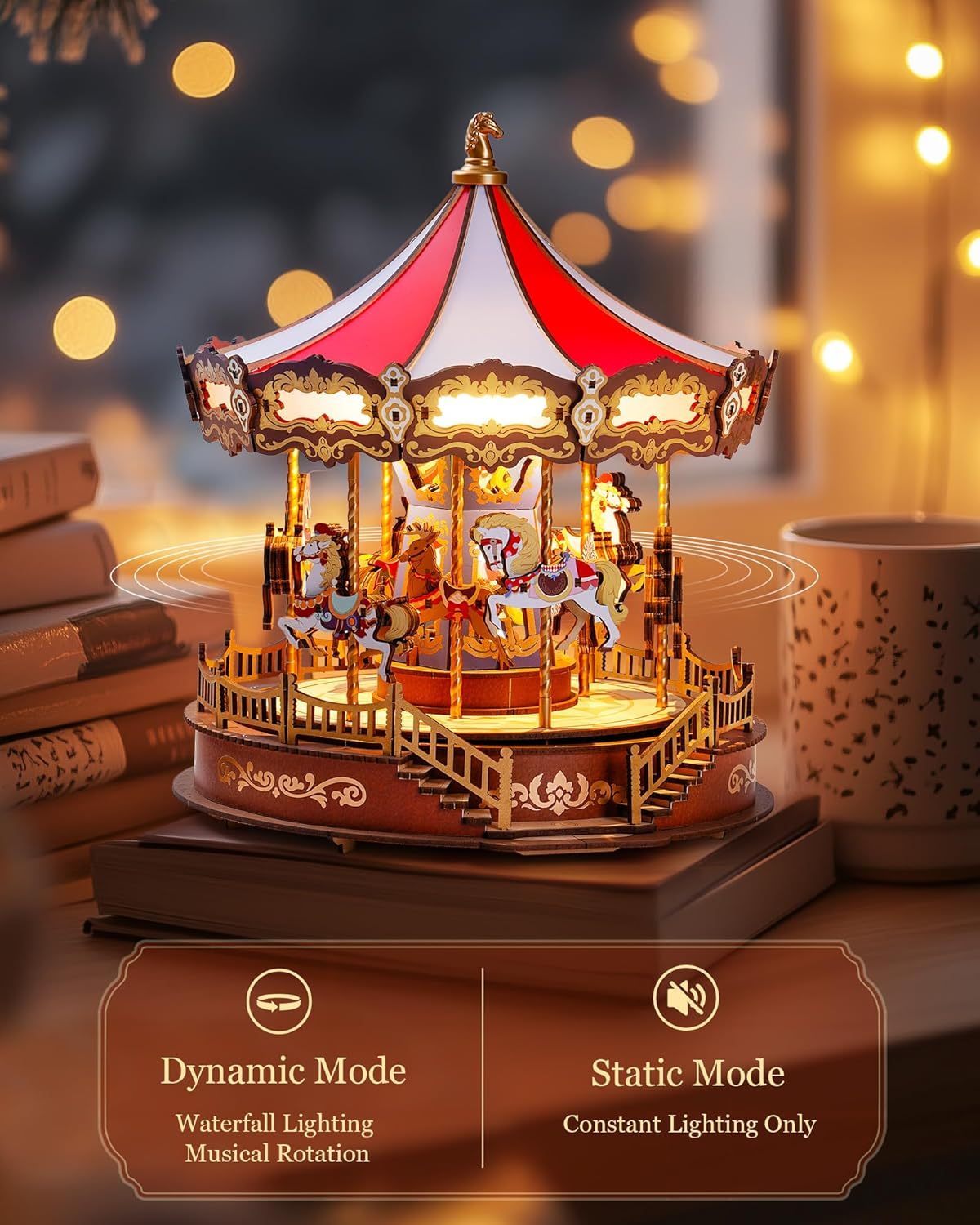 US Local ROBOTIME 3D Wooden Puzzle Classic Carousel Music Box With LED Lights, Model Kits For Adults To Build, Gear Model Building Construction Craft Kits