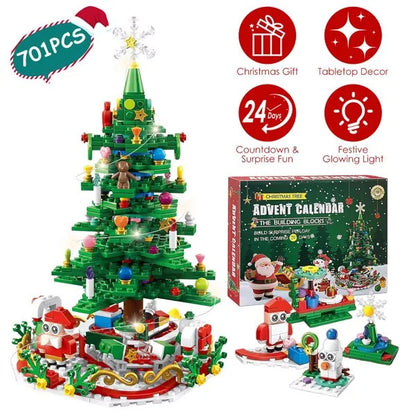 US Local Christmas Tree Building Toy - 701 Pcs With 24-Day Countdown Calendar, 30 LED Warm Lights USB Powered - Santa, Ornaments, Snowflake Topper - Educational Blocks For Kids 3-6, Tabletop Decor