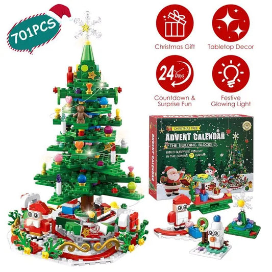 US Local Christmas Tree Building Toy - 701 Pcs With 24-Day Countdown Calendar, 30 LED Warm Lights USB Powered - Santa, Ornaments, Snowflake Topper - Educational Blocks For Kids 3-6, Tabletop Decor