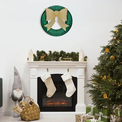 US Local 24in Pre-lit Outdoor Christmas Wreath Decoration, Lighted Metal Wreath With Golden Bow, Green And Warm White LED Lights, For Front Door Gate Wall Indoor Outdoor Holiday Party