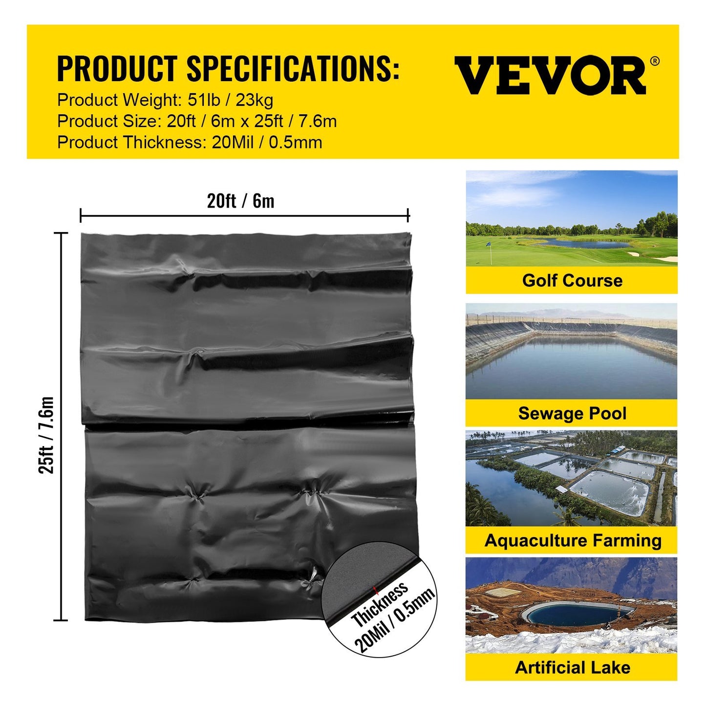 US Local VEVOR LLDPE Pond Liner 20x25 Ft, Pond Liner 20 Mil, Fish Pond Liners For Waterfall, Pond And Fish Ponds