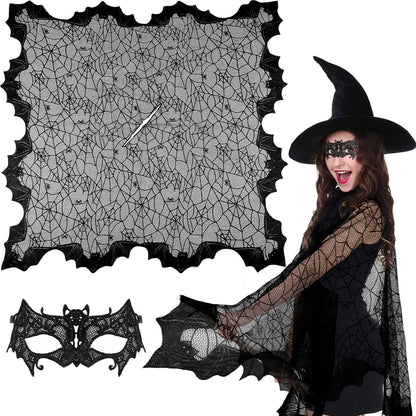 US Local 2 Pcs Halloween Poncho For Women Black Bat Spider Web Poncho And Lace Mask Masquerade Mask Halloween Party Cosplay Costume Accessory Day Of The Dead Costume