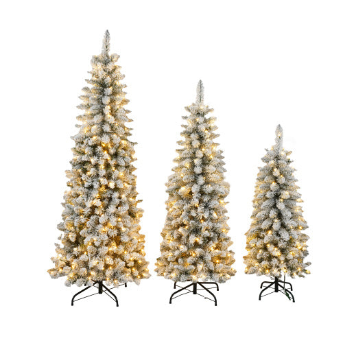 US Local 3 Pcs Flocked Artificial Christmas Tree Set With Lights, 4ft 5ft 6ft Christmas Snow Tree Set, Christmas Decor