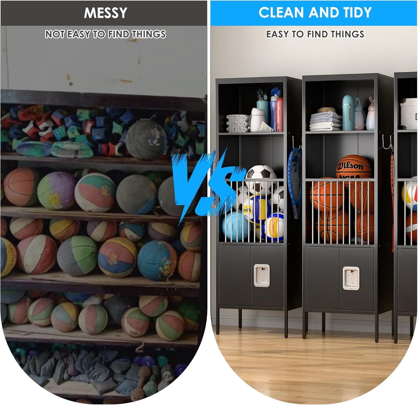 US Local Metal Sports Fence Locker Is Suitable For School,Storage Locker With Hooks & Lock Door,Storage Sports Equipment For Gym, Ball Park,Stadium,Garage,Assembly Required,Black