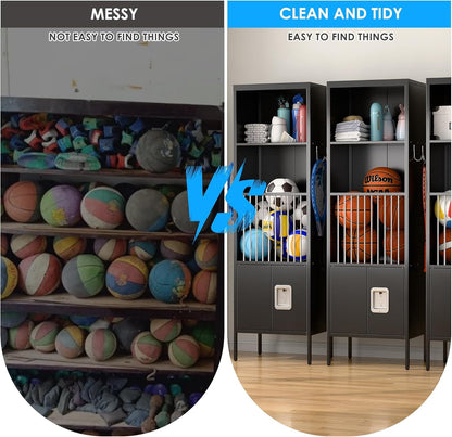 US Local Metal Sports Fence Locker Is Suitable For School,Storage Locker With Hooks & Lock Door,Storage Sports Equipment For Gym, Ball Park,Stadium,Garage,Assembly Required,Black