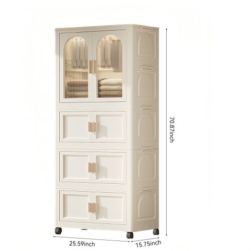 US Local 25.59 Side Wide Folding Wardrobe , 25.59x15.75x70.87 , With Magnetic Door, Plastic Storage Cabinet With Wheels One Layer Of Wardrobe X Three Layers Of Folding Boxesx10 Hangers