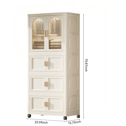 US Local 25.59 Side Wide Folding Wardrobe , 25.59x15.75x70.87 , With Magnetic Door, Plastic Storage Cabinet With Wheels One Layer Of Wardrobe X Three Layers Of Folding Boxesx10 Hangers