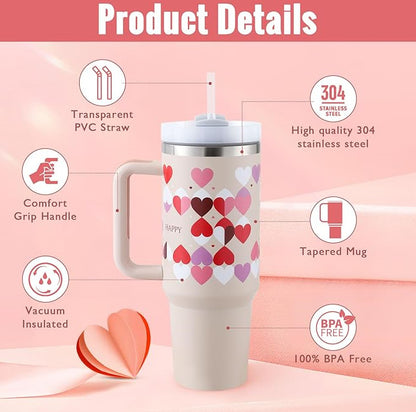 US Local 40 Oz Tumbler With Handle Straw Insulated, Stainless Steel Spill Proof Vacuum Coffee Cup Tumbler With Lid Tapered Mug Gifts For Valentine Lover Suitable For Car Gym Office Travel