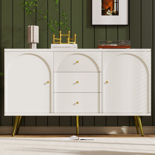 UK Local Sideboard Cabinet For Living Room, Chest Of Drawers With 2 Doors And 3 Drawers, Adjustable Shelf, Cream White, 40D X 140W X 84H CM
