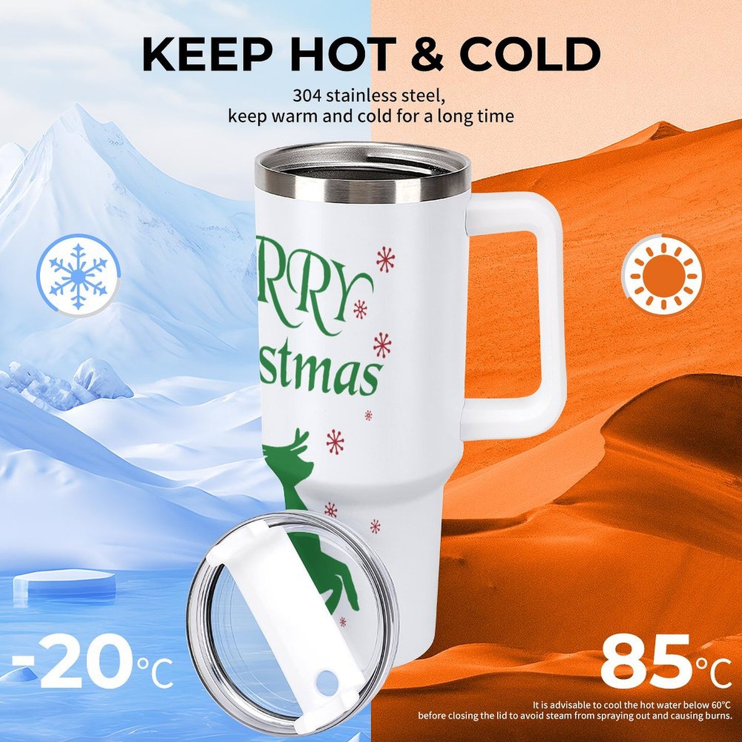 POD US Local 40oz Large Capacity Car Cup, Christmas Deer Snow Red Green