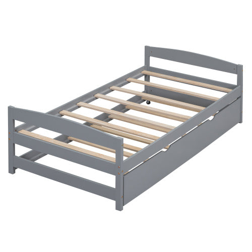 US Local Twin Size Platform Bed With Twin Size Trundle, Gray