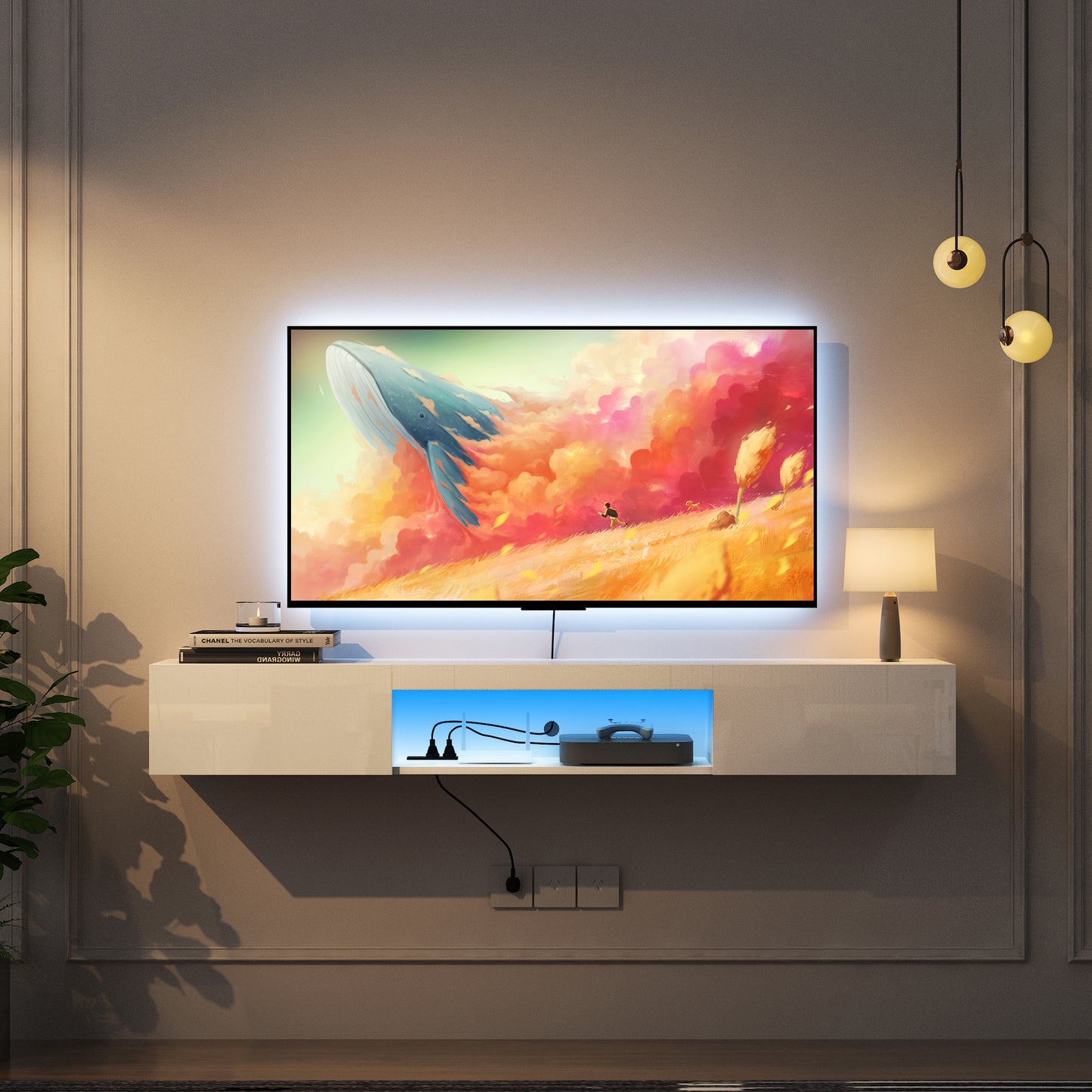 US Local Floating TV Stand Wall Mounted With 16 Color LEDs, Modern TV Stand,Floating TV Cabinet Entertainment Center For 55 60 65 Inch TV,White