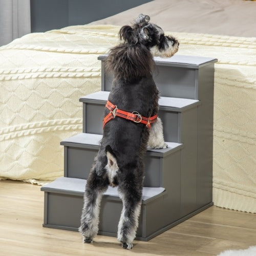 UK Local PawHut 4 Step Wooden Dog Steps Pet Stairs For Dogs, Cat Ladder For Bed Couch With Non-Slip Carpet 40 X 59 X 54.2 Cm, Grey