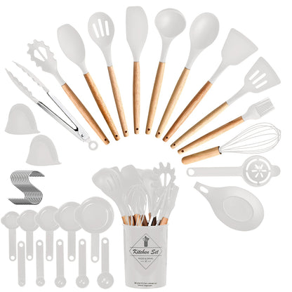 US Local 4 Colors Options -- Set Of 35Pcs Kitchen Cooking Utensils Set Spatula Set Baking Utensil Set Kitchen Accessories Necessities With Holder Egg Whisk Separator Tong Turner Spoons Cups