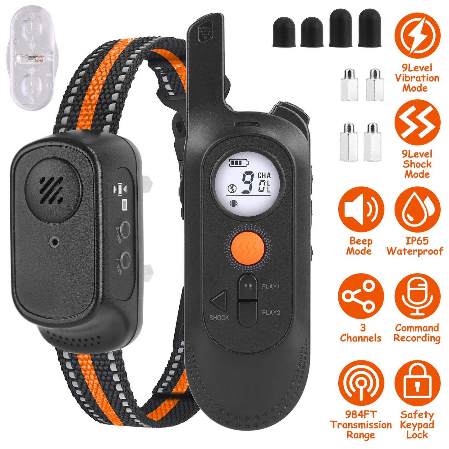 US Local 1Pc 984FT Dog Training Collar IP65 Waterproof Pet Beep Vibration Electric Shock Collar 3 Channels Rechargeable Transmitter Receiver Trainer With Recording Safety Keypad Lock