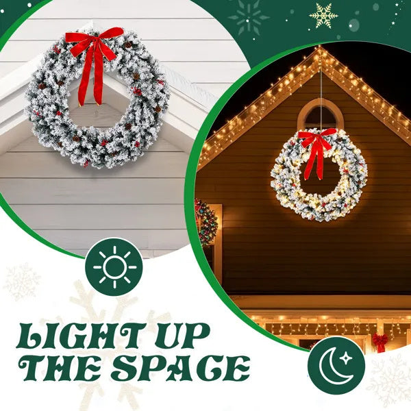 US Local 48in Pre-lit Snow Flocked Christmas Wreath, Lighted Artificial Xmas Wreath With 150 Warm White Lights And 450 PVC Tips And DIY Ornaments, For Front Door Gate Wall Xmas Party Decorations, Snowy Green