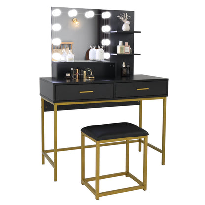 US Local Black, Particleboard, Steel Frame, Two-drawer, Three-tier Shelf, Dressing Table Set, Three-tone Light, Light Luxury