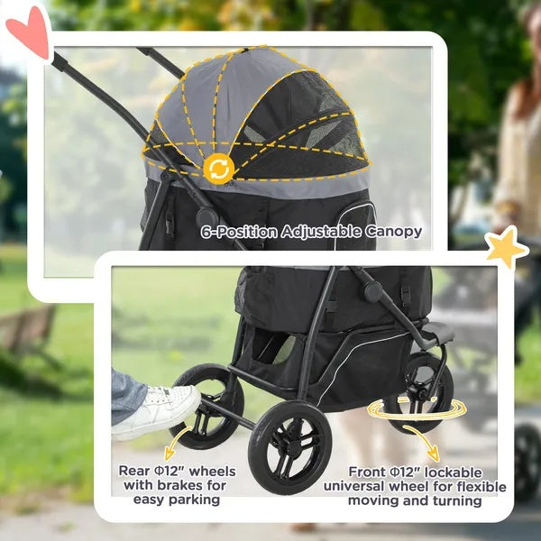 US Local 3 In 1 Pet Jogging Stroller For Small Dogs And Cats With Detachable Carrier, Storage Basket, Gray