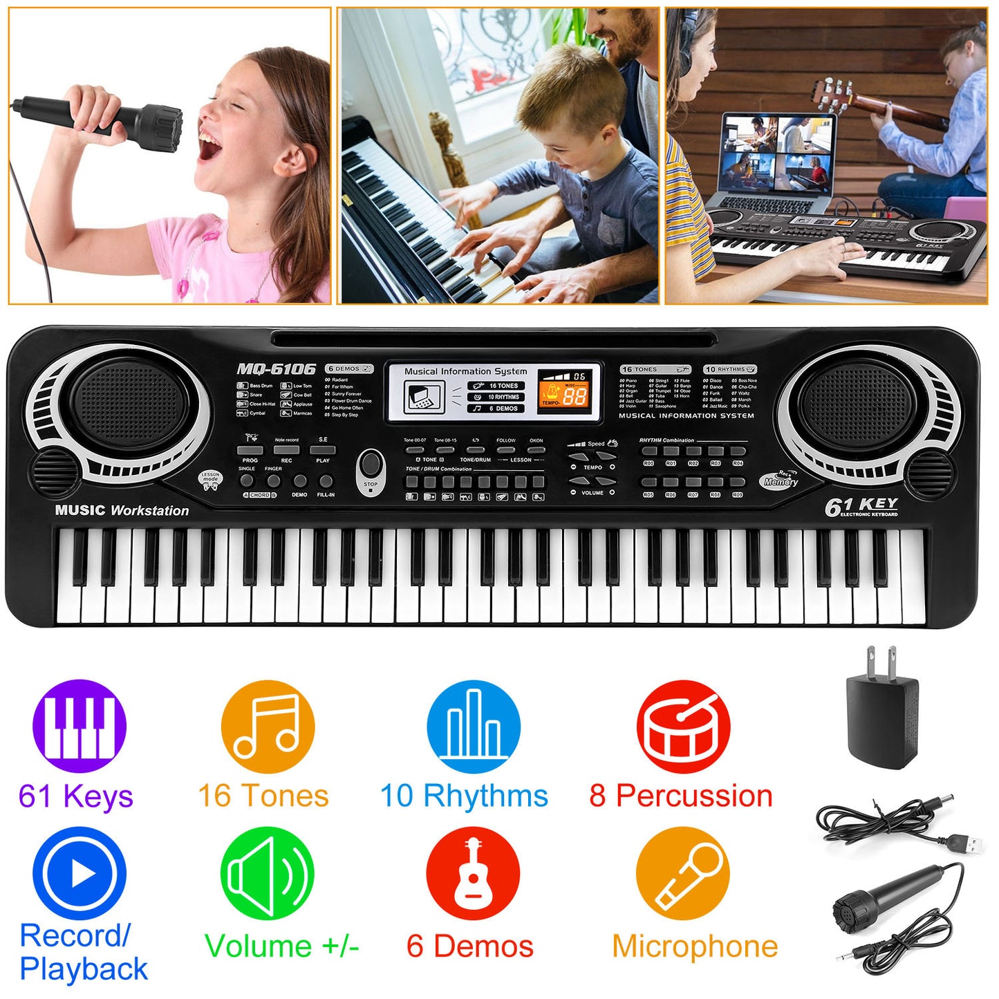 US Local 61 Keys Digital Music Electronic Keyboard Electric Piano Musical Instrument Kids Learning Keyboard With Microphone For Beginners Kids Girls Boys Adults