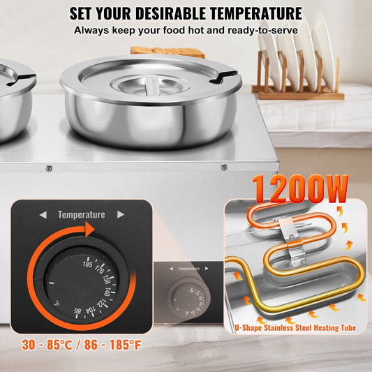 VEVOR Electric Soup Warmer, Dual 7.4QT Stainless Steel Round Pot Adjustable Temp, 1200W Commercial Bain Marie With Anti-dry Burn And Reset Button, Soup Station For Restaurant, Buffet, Silver