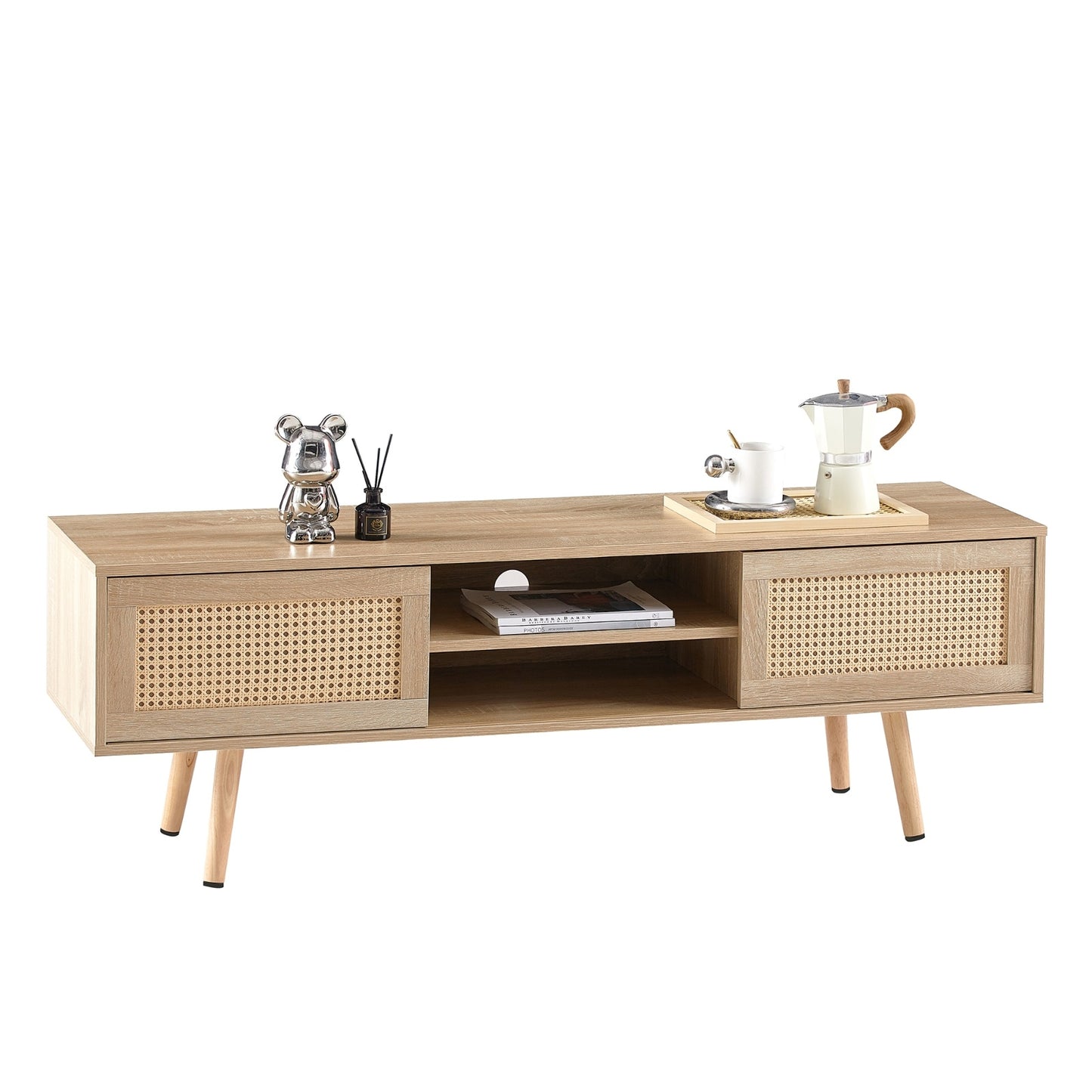 US Local 55.12  Rattan TV Cabinet With Sliding Doors  Adjustable Shelf   Solid Wood Legs