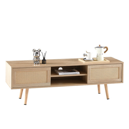 US Local 55.12  Rattan TV Cabinet With Sliding Doors  Adjustable Shelf   Solid Wood Legs