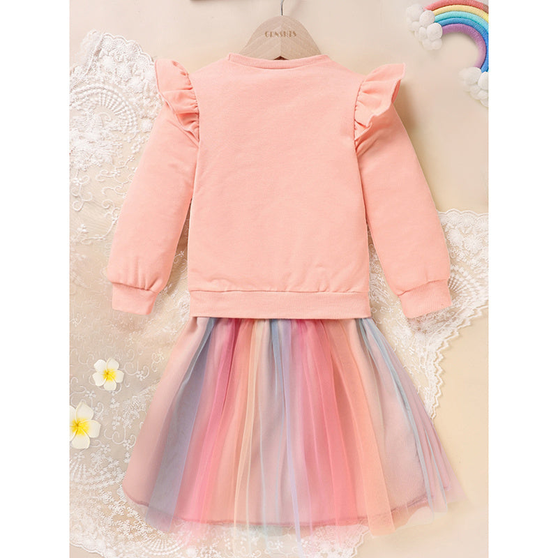 US Local Baby Girls Rainbow Skirt Set Letters Embroidery Long Sleeve Sweatshirt Tops & Rainbow Tutu Skirt Outfits