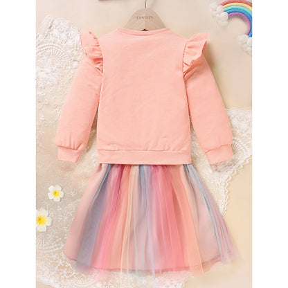 US Local Baby Girls Rainbow Skirt Set Letters Embroidery Long Sleeve Sweatshirt Tops & Rainbow Tutu Skirt Outfits