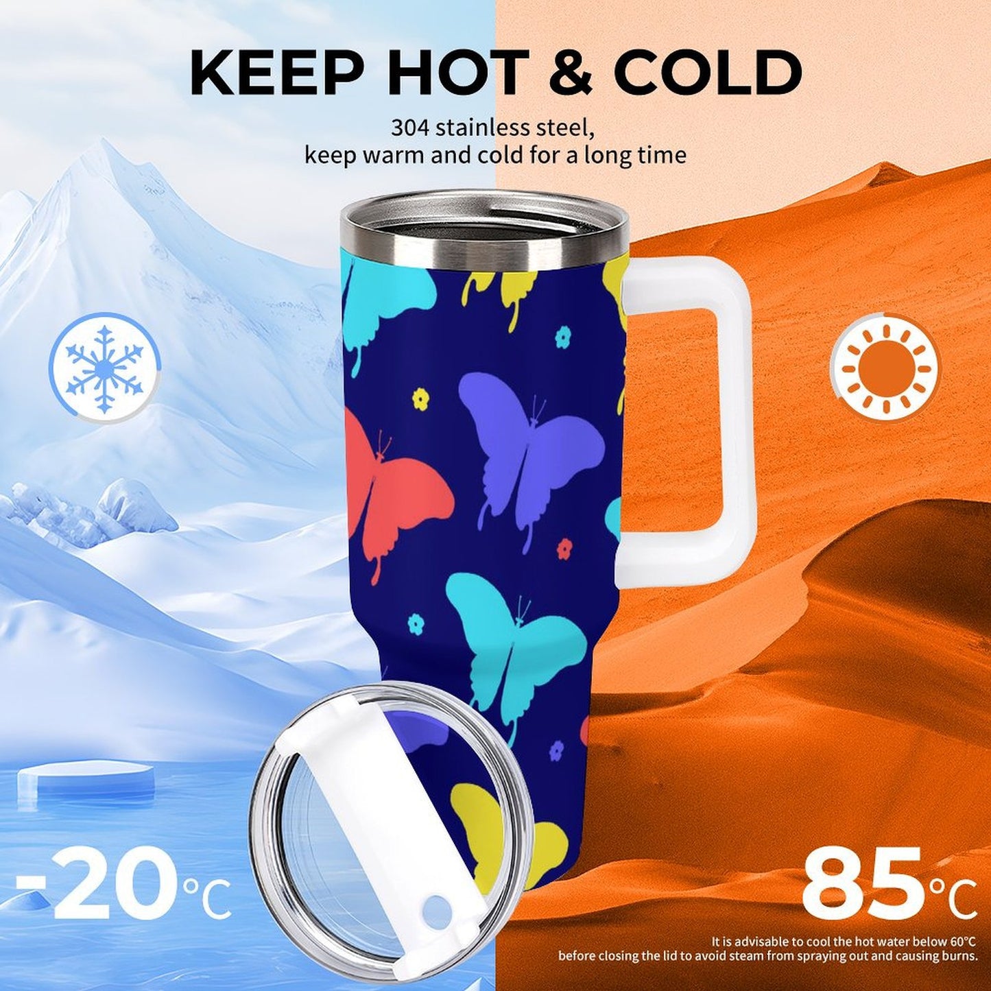 PHDT00506 POD US Local Tumbler 40oz Large Capacity Car Cup Butterfly Red Blue Yellow