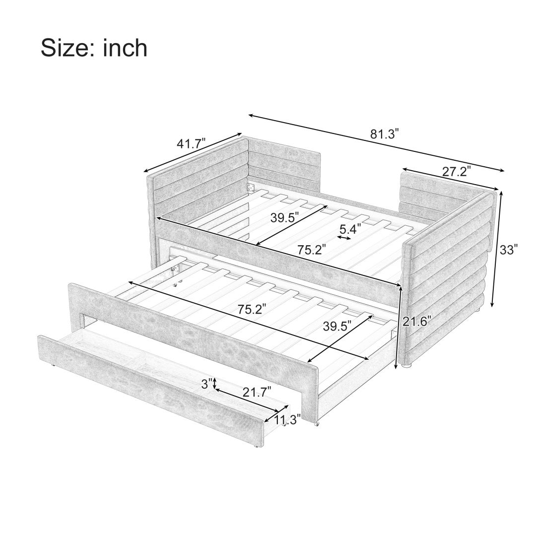 US Local Twin Size Upholstered Daybed With Trundle And 3 Storage Drawers, Chenille Fabric Sofa Bed For Guest Room, Living Room, Space-Saving Modern Day Bed Frame, No Box Spring Needed