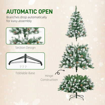 6ft Snow Flocked Artificial Christmas Tree, Unlit Full Fir Tree With Automatic Open, 800 Realistic Branches And 61 Pine Cones