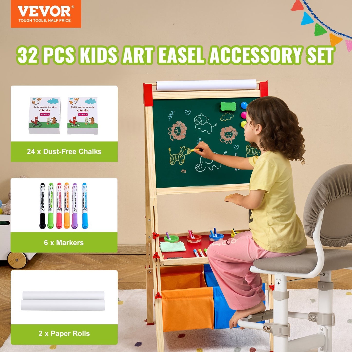 US Local VEVOR Easel Accessory Set Chalk & Markers & Paper Rolls 32PCS For Standing Easel