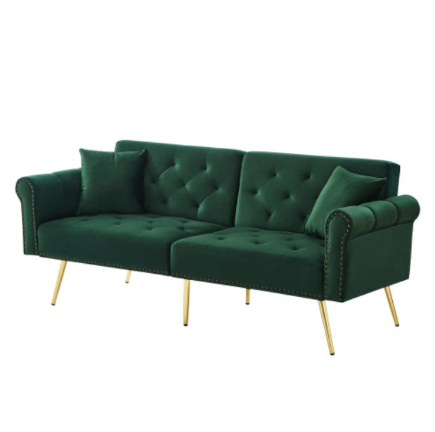 UK Local Modern 2-Seater Sofa Bed Velvet Upholstery, 3 Stage Adjustable Backrest Gold Plated Metal Feet Stylish Sofa With Sleeping Function  Space-Saving Durable Ideal For Small Spaces