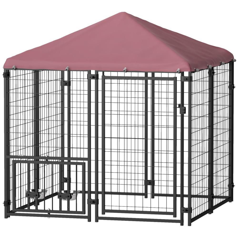 US Local Welded Wire Outdoor Dog Kennel With 360 Rotating & 4 Levels Adjustable Bowls, Waterproof Cover, 4.6 X 4.6 X 5