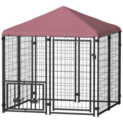 US Local Welded Wire Outdoor Dog Kennel With 360 Rotating & 4 Levels Adjustable Bowls, Waterproof Cover, 4.6 X 4.6 X 5