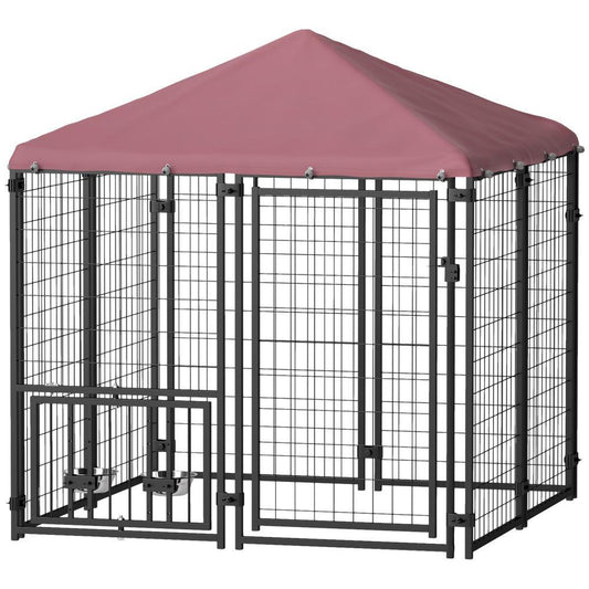 US Local Welded Wire Outdoor Dog Kennel With 360 Rotating & 4 Levels Adjustable Bowls, Waterproof Cover, 4.6 X 4.6 X 5