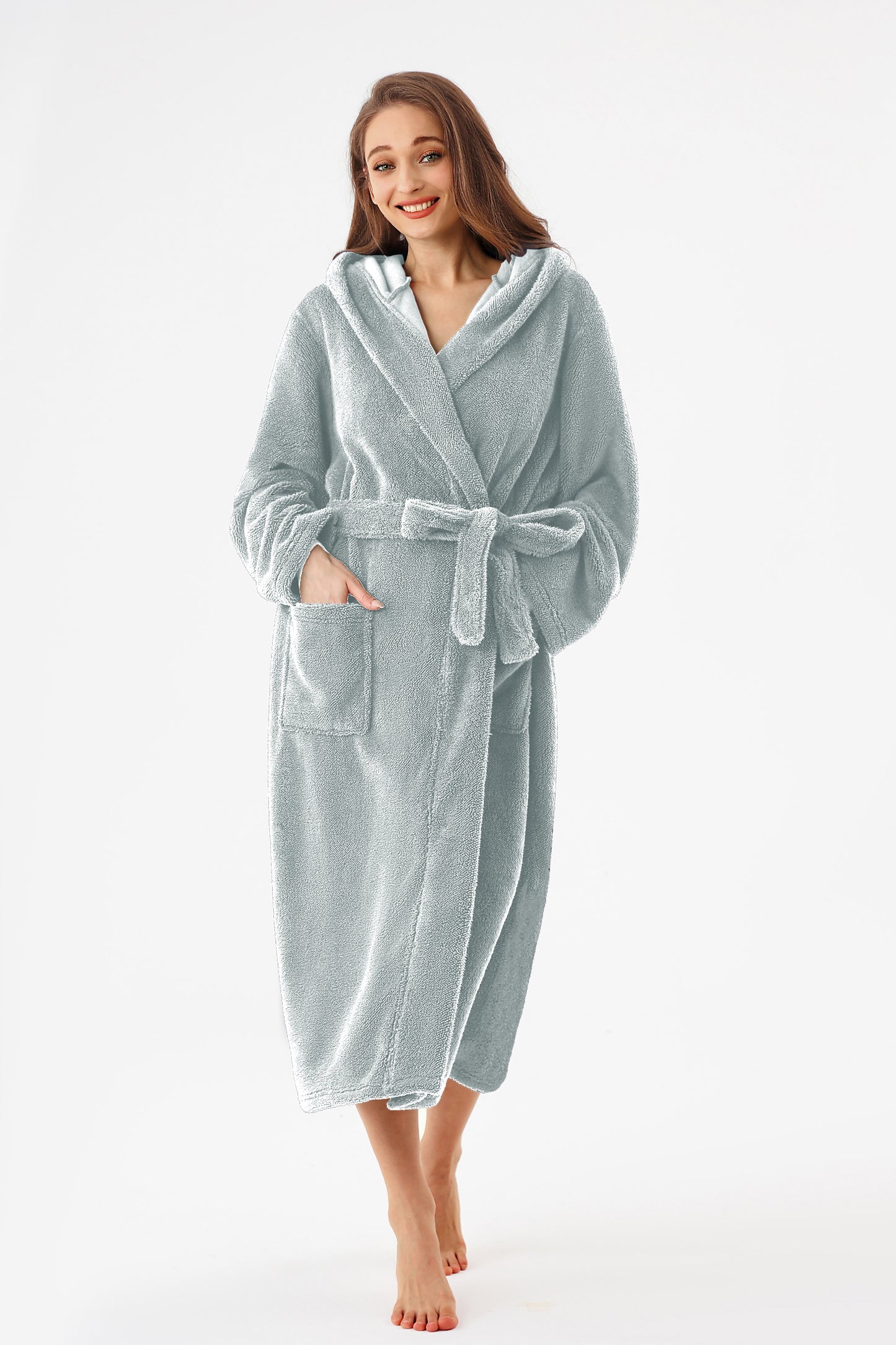US Local RONGTAI Womens Hooded Robe Long Plush Fleece Bathrobe With Pockets Nightwear S-XXL