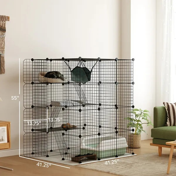 US Local DIY 4 Tier Cat Cage Indoor With Hammock, Ramps, Jumping Platforms, Doors, Cat Enclosure For 1-3 Cats, 3 X 3 X 4, Black