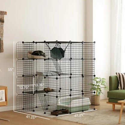 US Local DIY 4 Tier Cat Cage Indoor With Hammock, Ramps, Jumping Platforms, Doors, Cat Enclosure For 1-3 Cats, 3 X 3 X 4, Black