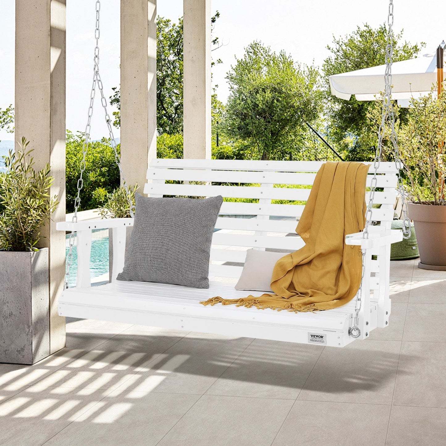 US Local VEVOR Wooden Porch Swing 4 Ft, Patio Bench Swing For Courtyard & Garden, Upgraded 880 Lbs Strong Load Capacity, Heavy Duty Swing Chair Bench With Hanging Chains For Outdoors, White