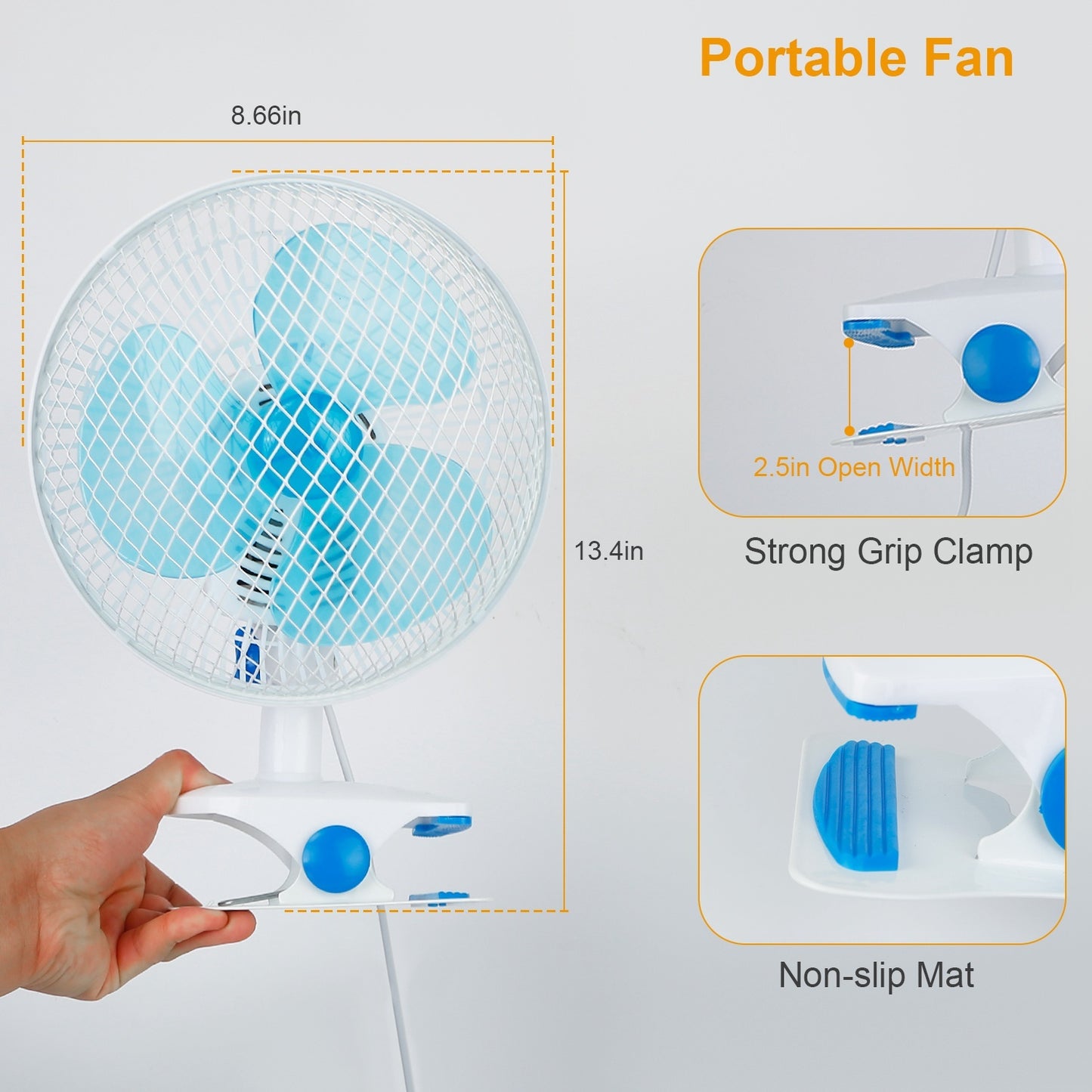 US Local 1Pc Clip On Fan 2 Speeds Quiet Clamp Fan Adjustable Tilt Auto Shaking Fan Wall Mount Personal Fan For Desk Office Home Baby Strollers Table Tops With 3.94FT Cord