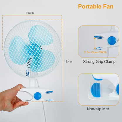US Local 1Pc Clip On Fan 2 Speeds Quiet Clamp Fan Adjustable Tilt Auto Shaking Fan Wall Mount Personal Fan For Desk Office Home Baby Strollers Table Tops With 3.94FT Cord
