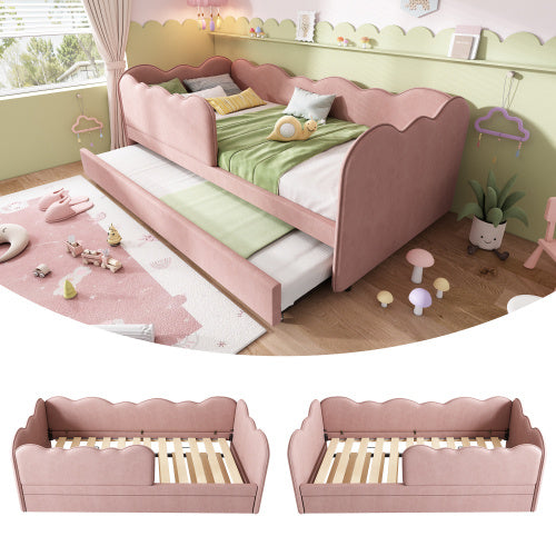 UK Local Upholstered Bed Daybed 90 X 190 Cm, 3FT Single Bed With Pull Out Trundle, Sofa Bed For Adults And Children, Single Daybed With Slatted Frame, Velvet, Pink No Mattress