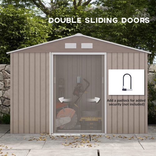 UK Local Outsunny 9 X 6ft Steel Garden Shed, Outdoor Storage Tool House With Vents, Foundation And Lockable Double Doors, Brown