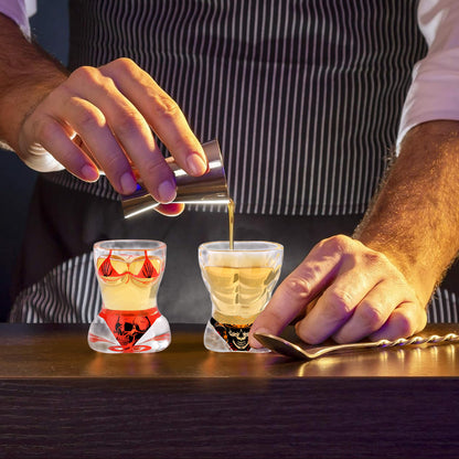 US Local 2 Pieces, Black Muscle Men's And Red Bikini Skull Style Glass Small Wine Glasses Bar Tools Christmas Gift, Halloween Gift, Birthday Gift, Company Party Gift, Universal Gift